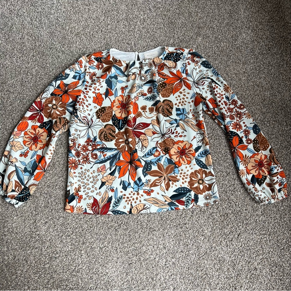 Melloday Anthropologie white/Orange Floral Long Sleeve Pleated Neckline, Size S‎